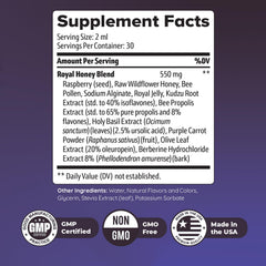 Close-up of HoneyBurn Purple Honey ingredients showing 11 plant and bee-based components for daily balance