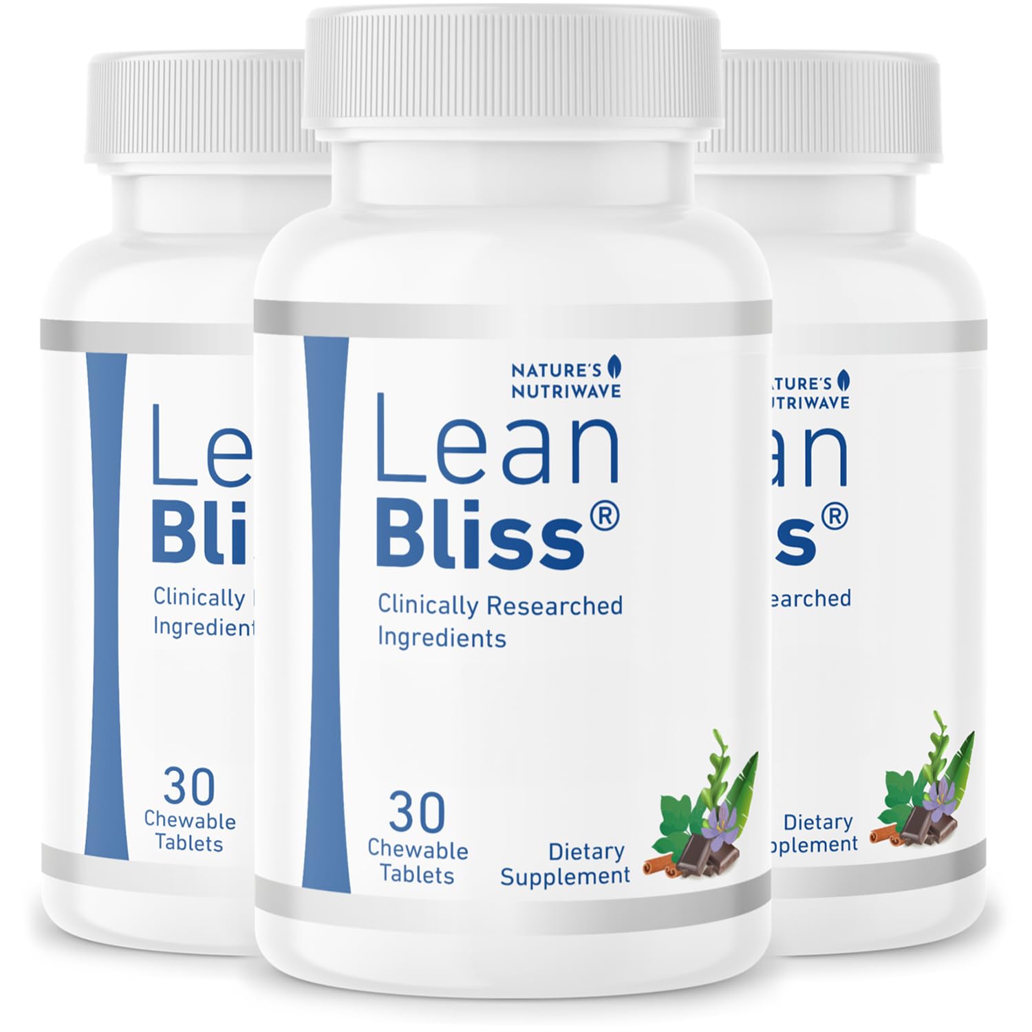 Nature's NutriWave LeanBliss bottle close-up showing chewables for daily energy.