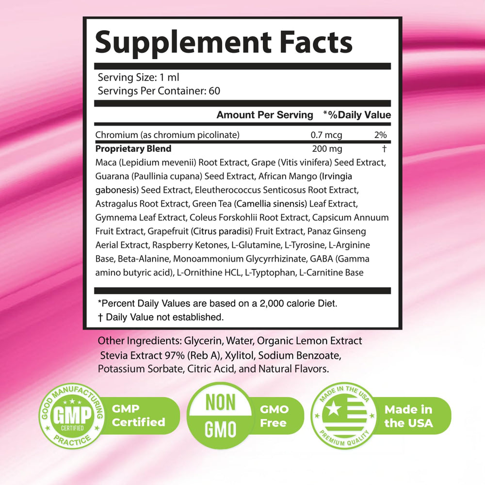Nature's NutriWave LipoRise Drops bottle label highlights non-GMO, plant-based maca and citrus.