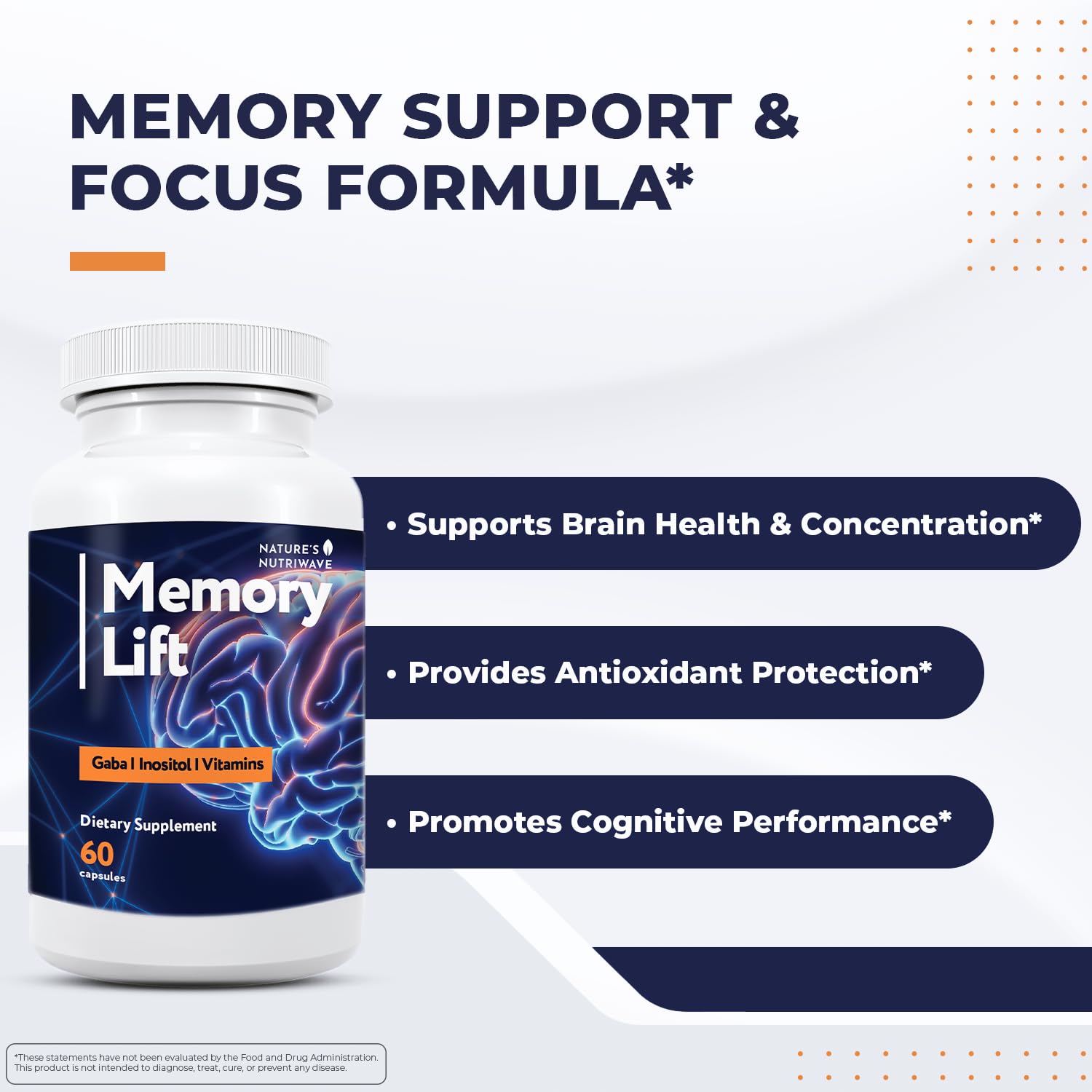 Nature’s NutriWave Memory Lift capsules close-up, showcasing vegetarian, non-GMO formula.