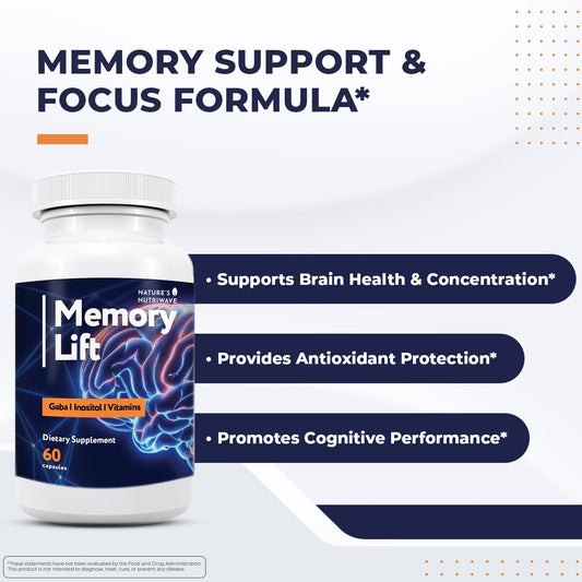 Nature’s NutriWave Memory Lift capsules close-up, showcasing vegetarian, non-GMO formula.
