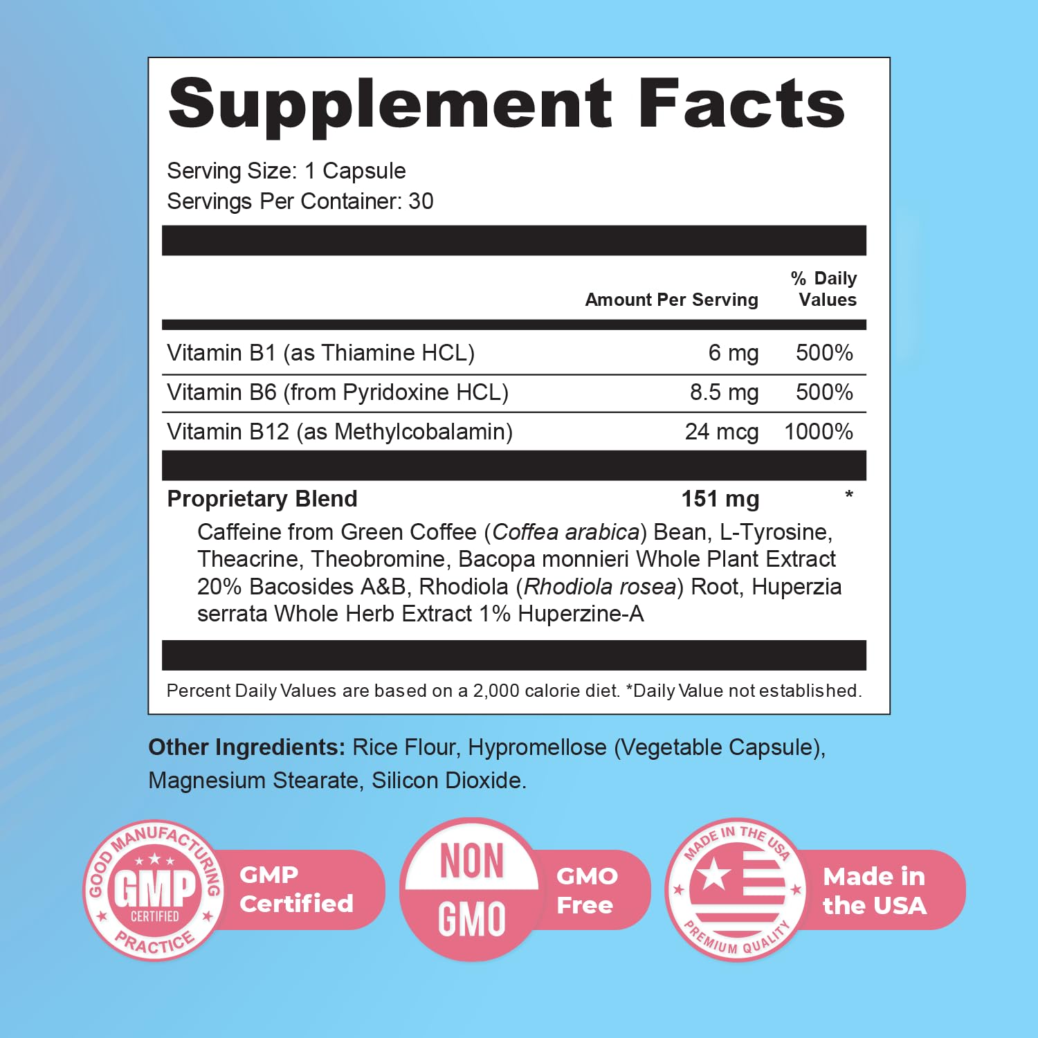 Nature’s NutriWave Memyts ingredients label highlights B vitamins and herbal extracts.