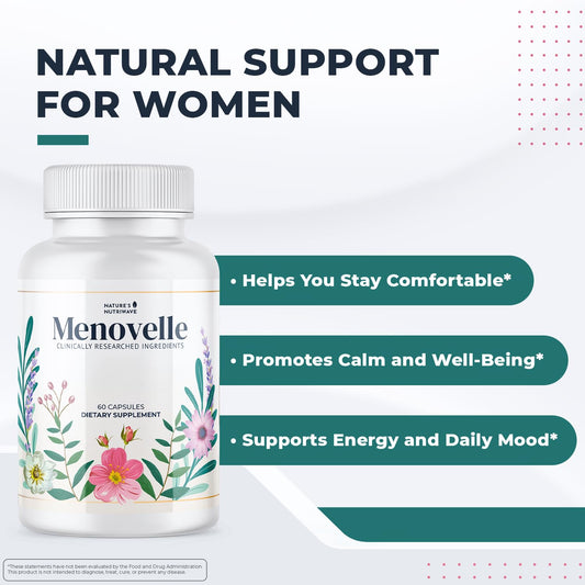 Nature’s NutriWave Menovelle capsules daily dosage for easy wellness routine.