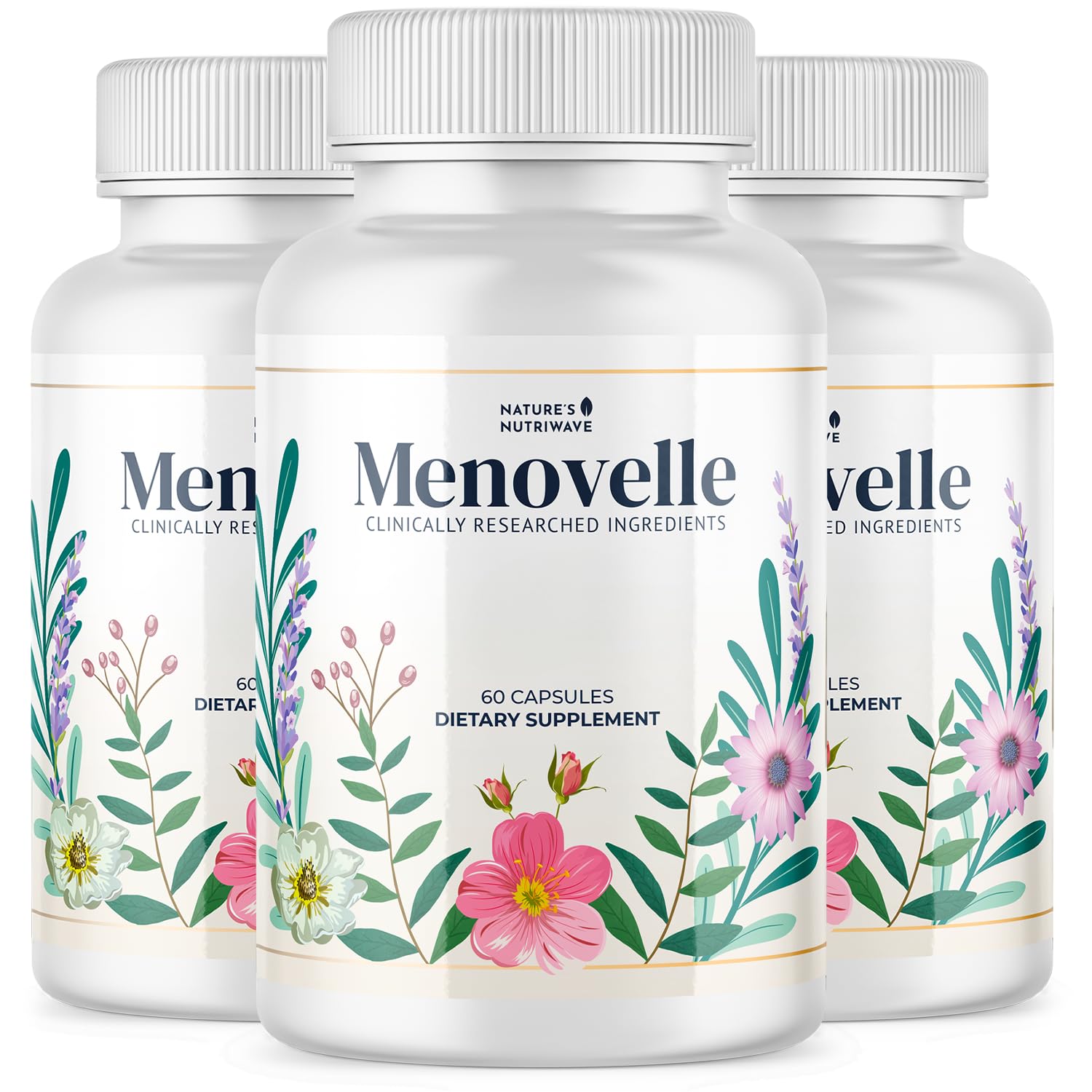 Nature’s NutriWave Menovelle capsules front view for daily balance.
