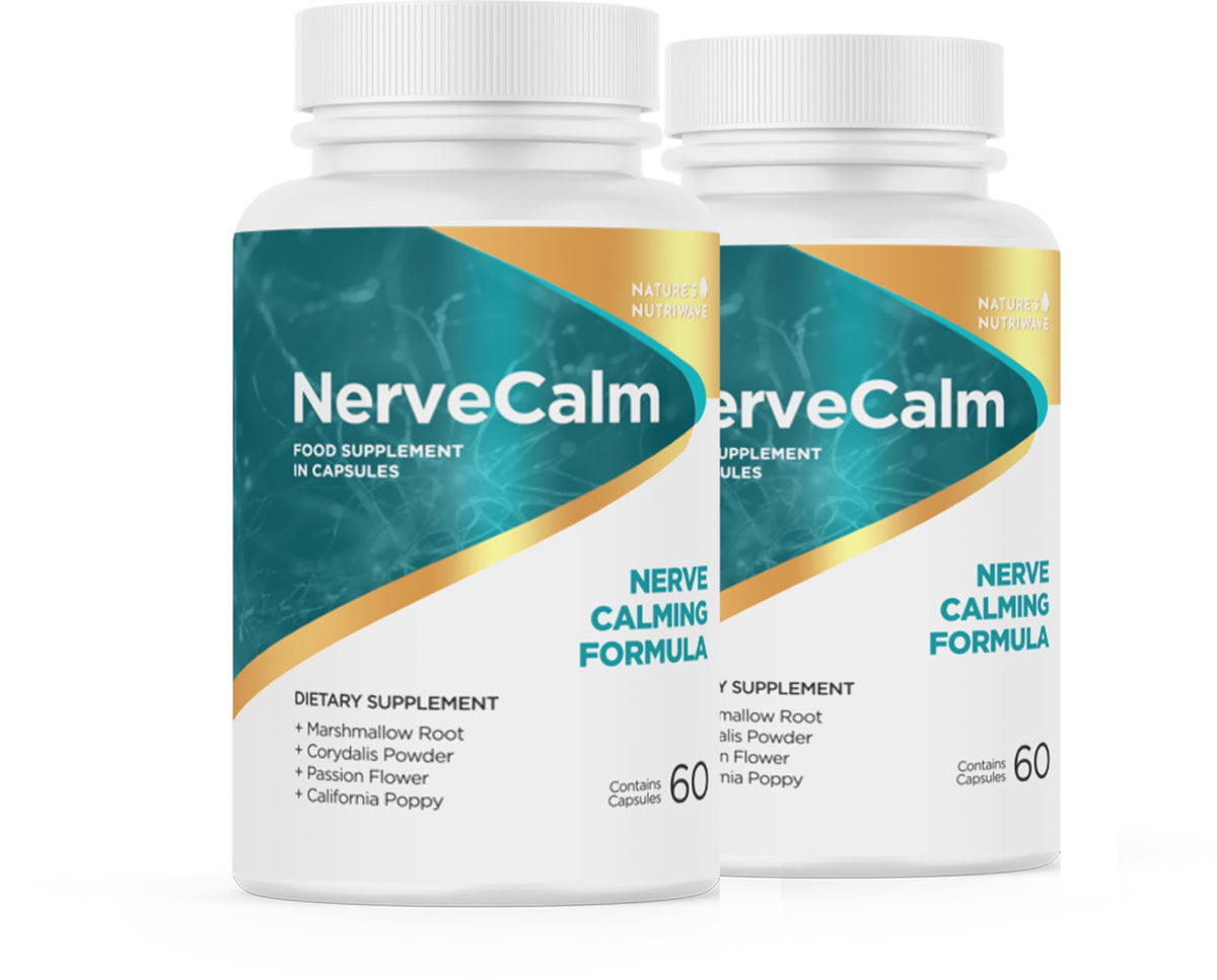 Nature’s NutriWave NerveCalm bottle close-up for daily serenity and easy dosing.