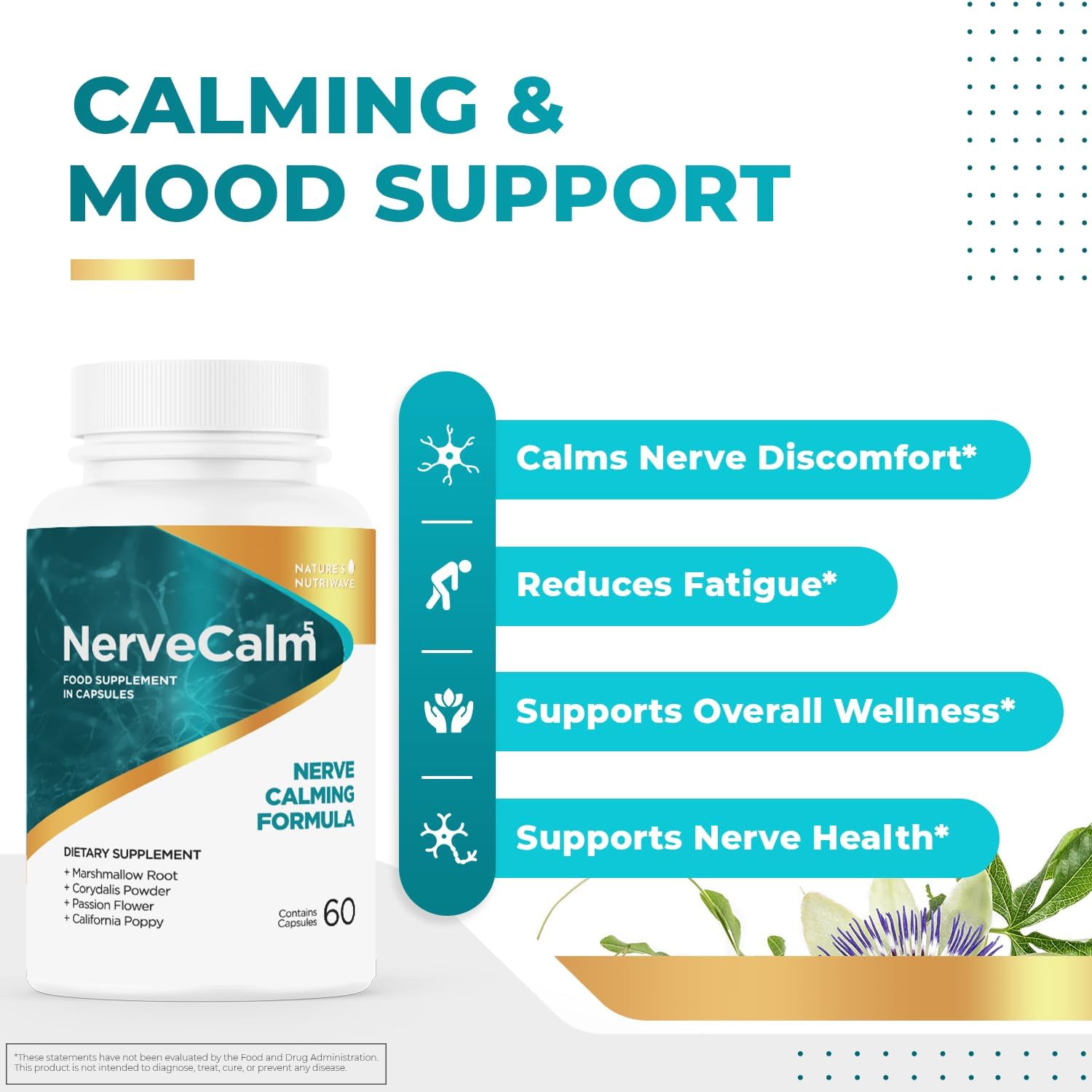 Nature’s NutriWave NerveCalm capsules close-up highlighting vegan, non-GMO formulation.