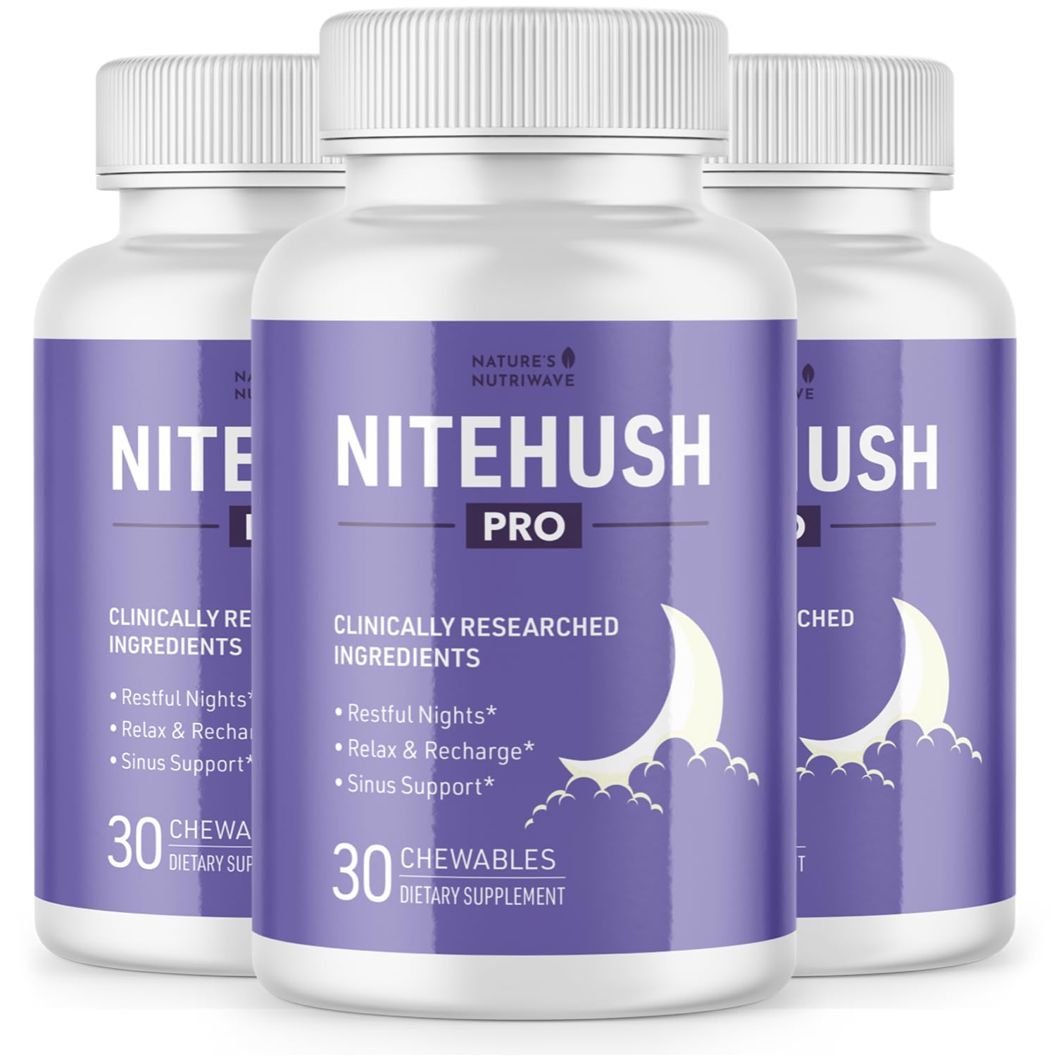 Nature's NutriWave NiteHush Pro bottle ready for nighttime routine with calm, convenient chewables.