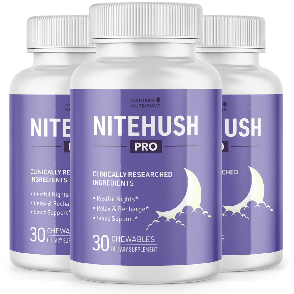 Nature's NutriWave NiteHush Pro bottle ready for nighttime routine with calm, convenient chewables.