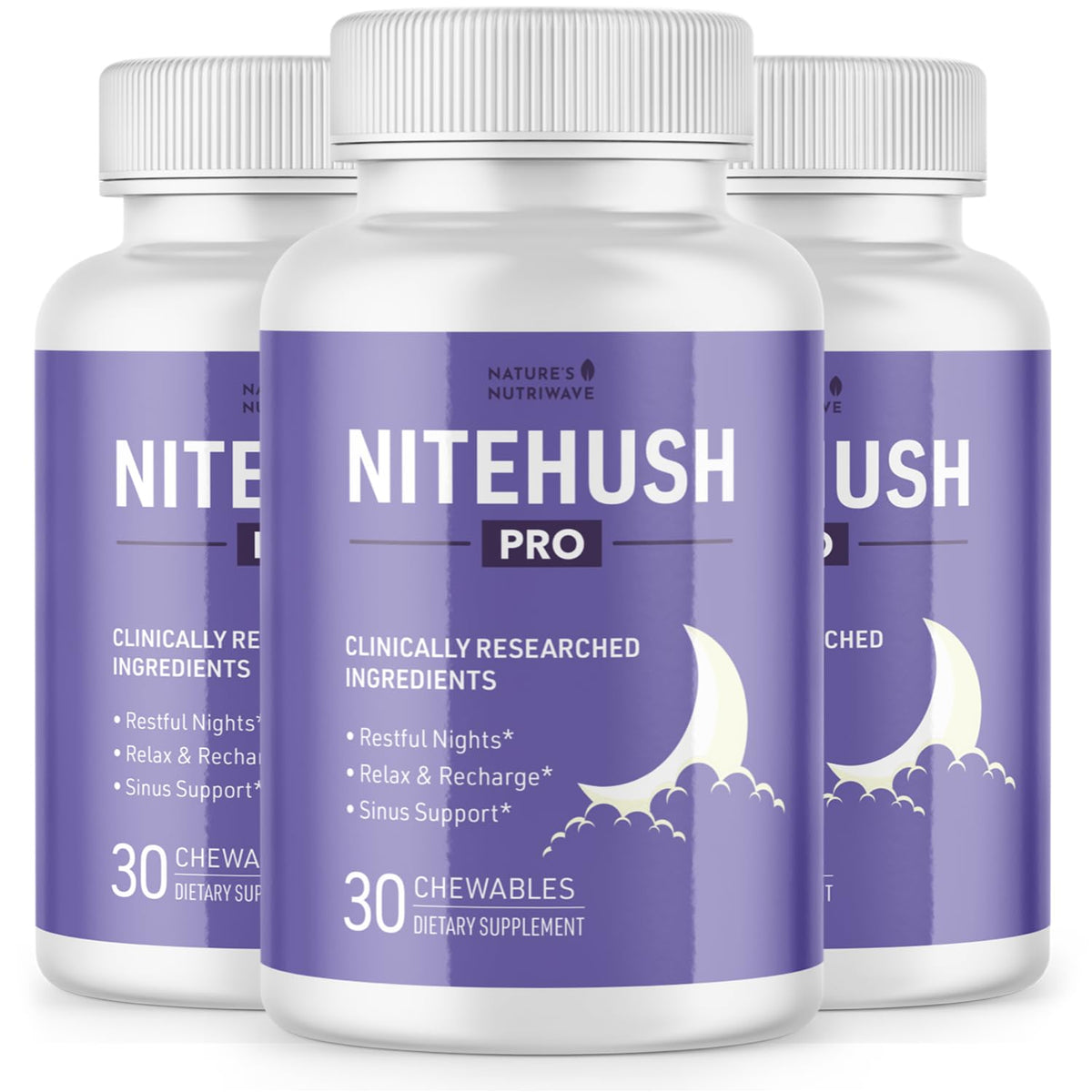 Nature's NutriWave NiteHush Pro bottle ready for nighttime routine with calm, convenient chewables.
