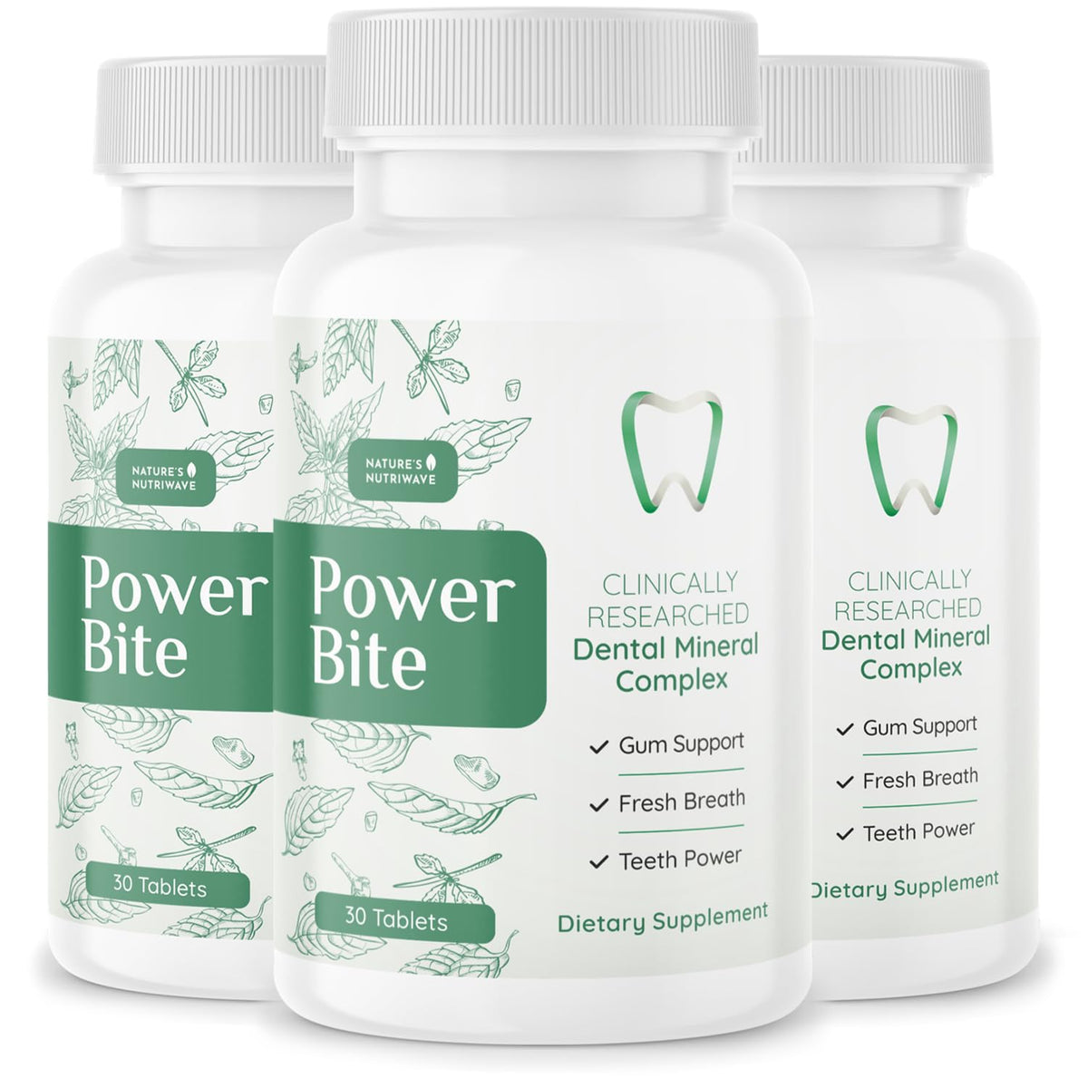Nature's NutriWave Power Bite tablets bottle close-up for a minty, convenient bedtime routine.