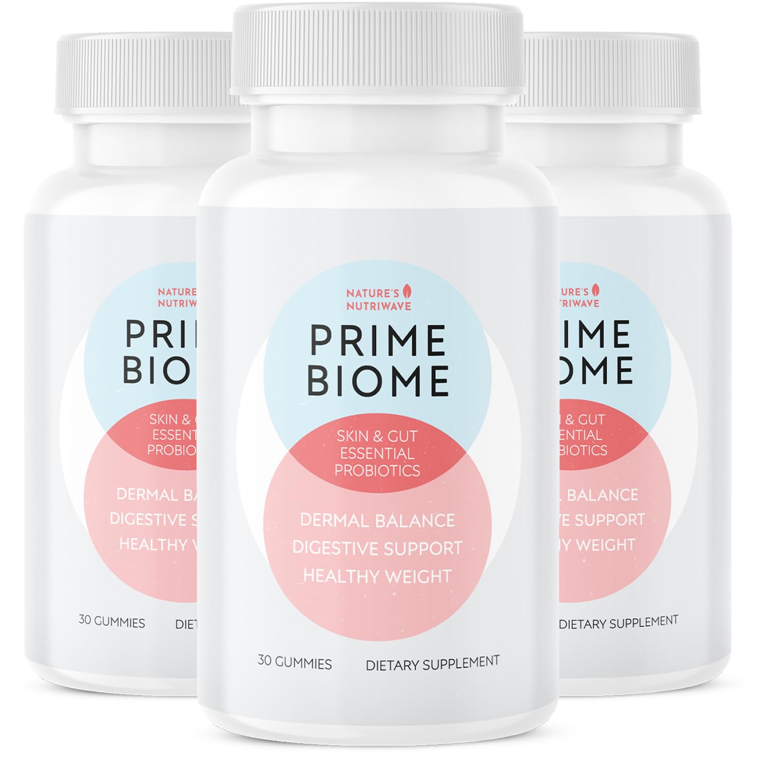 Nature's NutriWave PrimeBiome bottle shown, featuring a probiotic blend for daily gut balance.