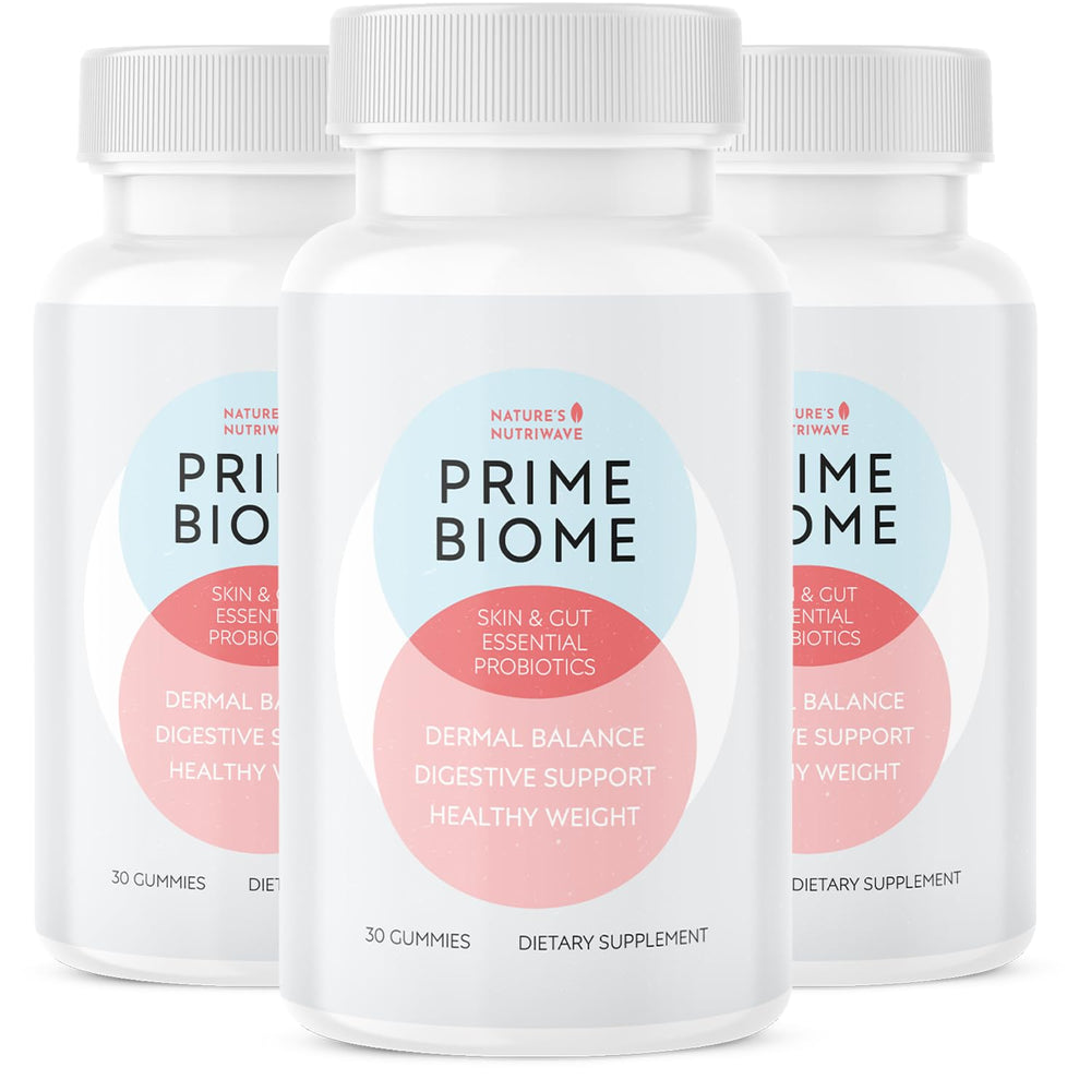 Nature's NutriWave PrimeBiome bottle shown, featuring a probiotic blend for daily gut balance.