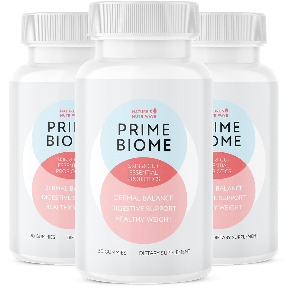 Nature's NutriWave PrimeBiome bottle shown, featuring a probiotic blend for daily gut balance.