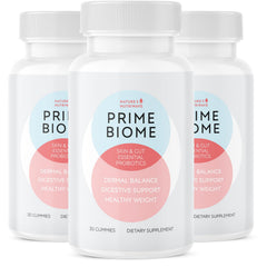Nature's NutriWave PrimeBiome bottle shown, featuring a probiotic blend for daily gut balance.