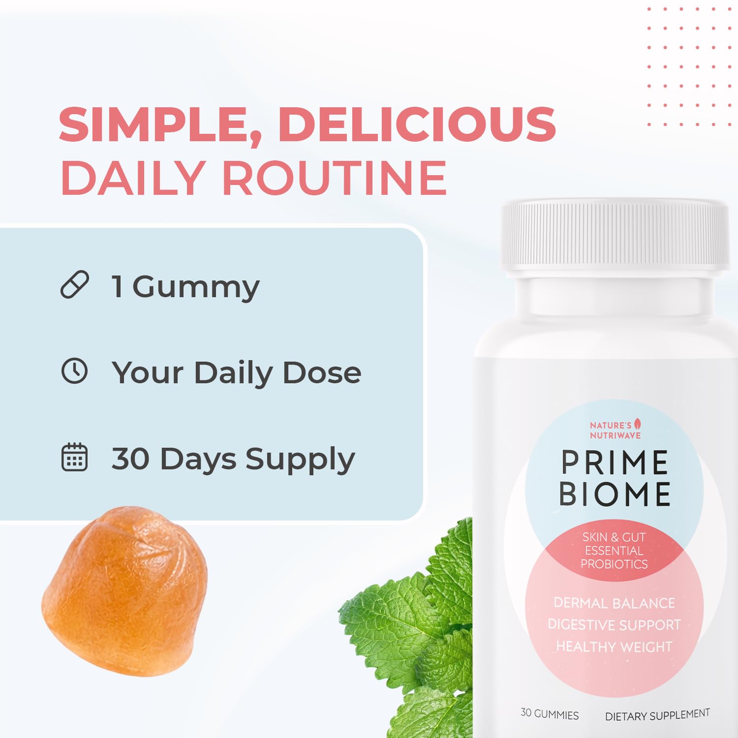 Nature's NutriWave PrimeBiome gummies on a light background with easy daily dosing.
