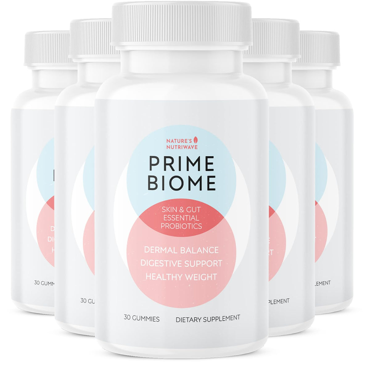 Nature’s NutriWave PrimeBiome Gummies bottle front for easy daily wellness.