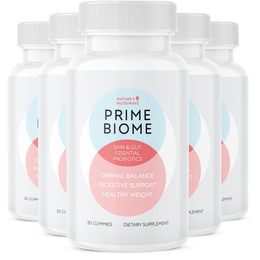 Nature’s NutriWave PrimeBiome Gummies bottle front for easy daily wellness.