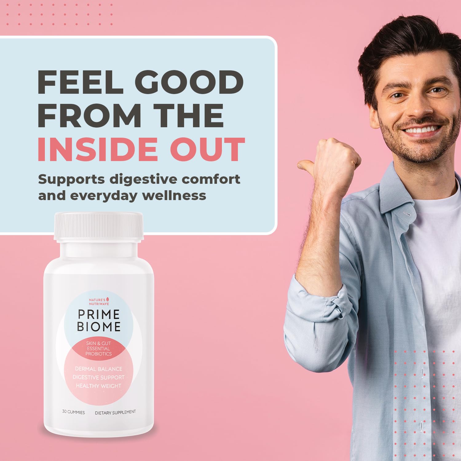 Plant-based formula graphic emphasizes botanicals and probiotic blend.