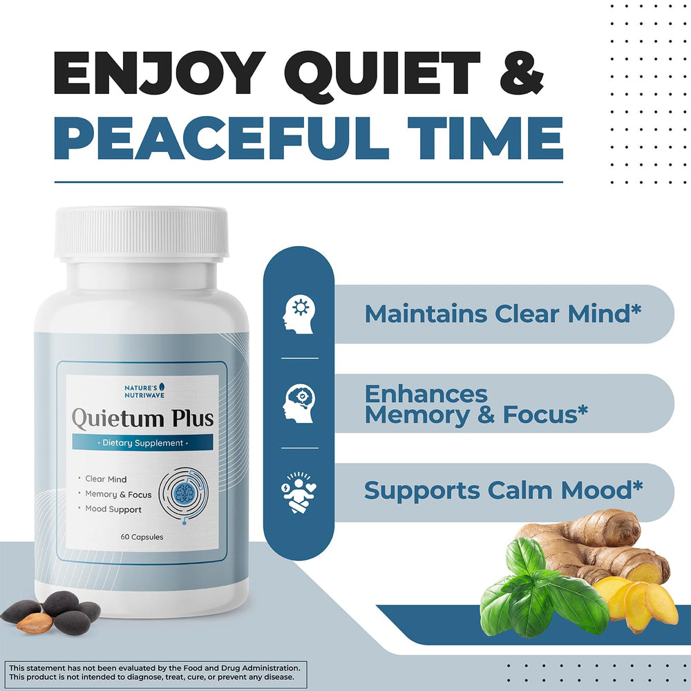 Close-up of Nature’s NutriWave Quietum Plus capsules highlighting plant-based ingredients.