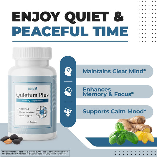 Close-up of Nature’s NutriWave Quietum Plus capsules highlighting plant-based ingredients.