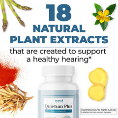 Quietum Plus GMP-certified packaging with label mentioning non-GMO and quality standards.