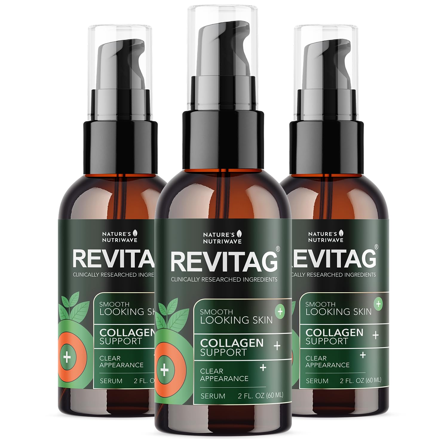 Nature’s NutriWave ReviTag serum bottle close-up showing smooth skin texture support
