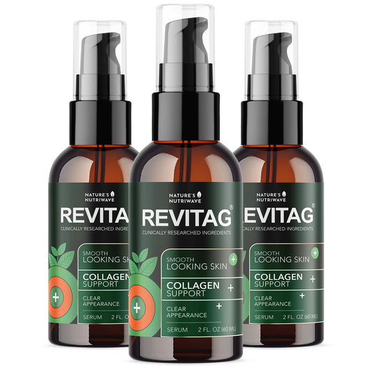 Nature’s NutriWave ReviTag serum bottle close-up showing smooth skin texture support