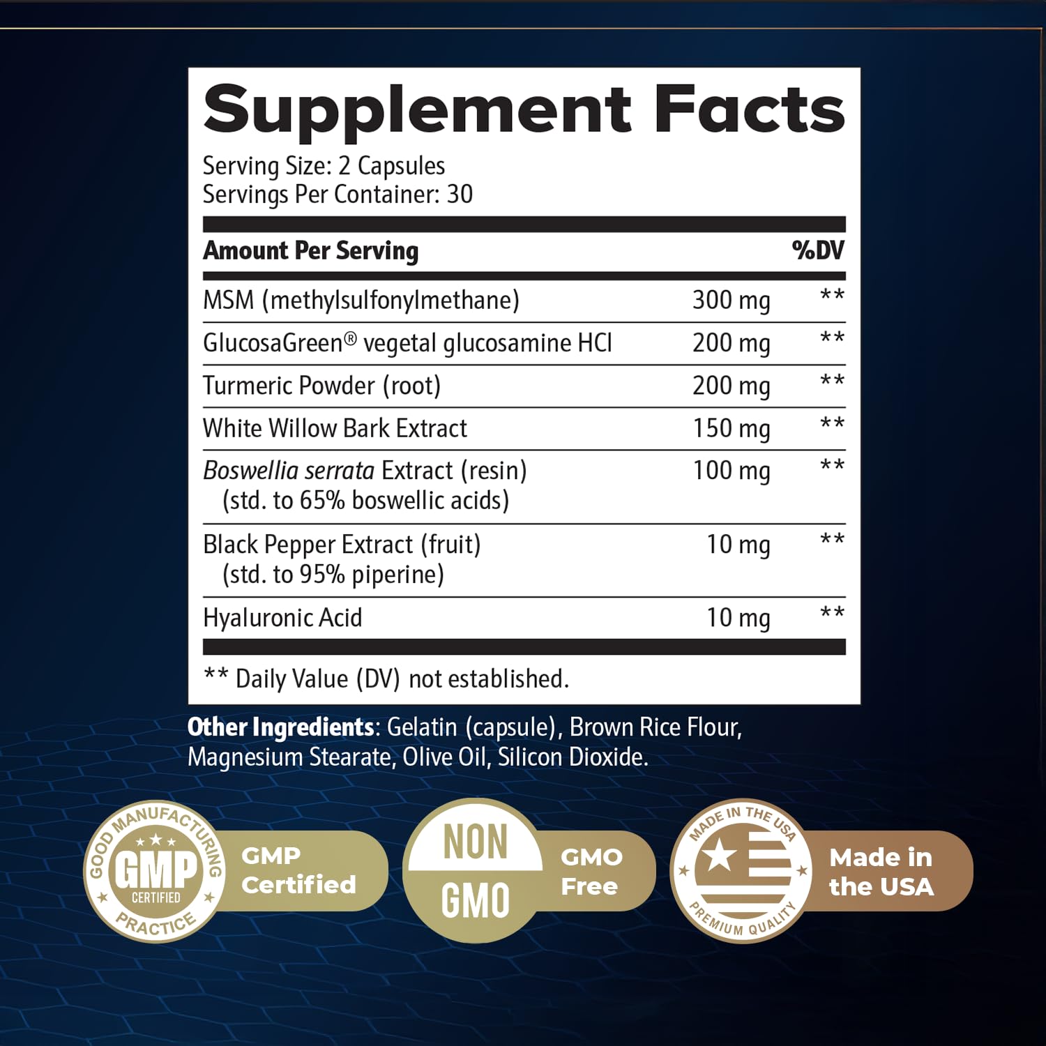 Close-up on SynoVitta ingredients label highlighting turmeric and boswellia