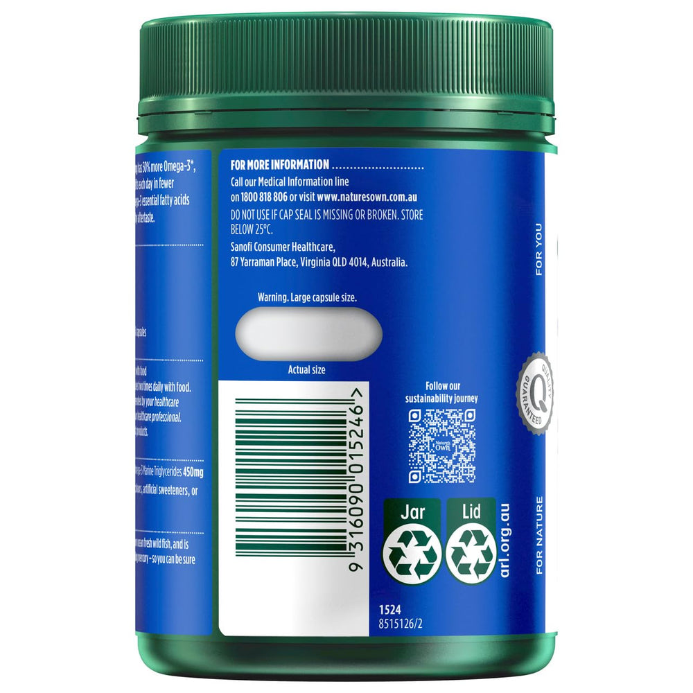 Nature's Own Omega3 bottle label details purity and serving size.