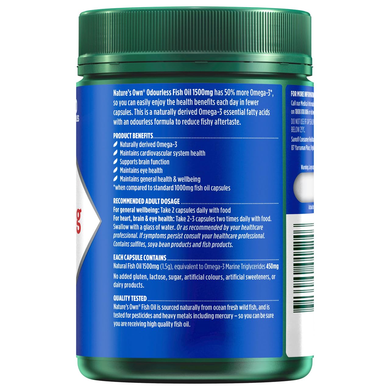 Nature's Own Omega3 1500mg softgel close-up highlighting easy swallowing.