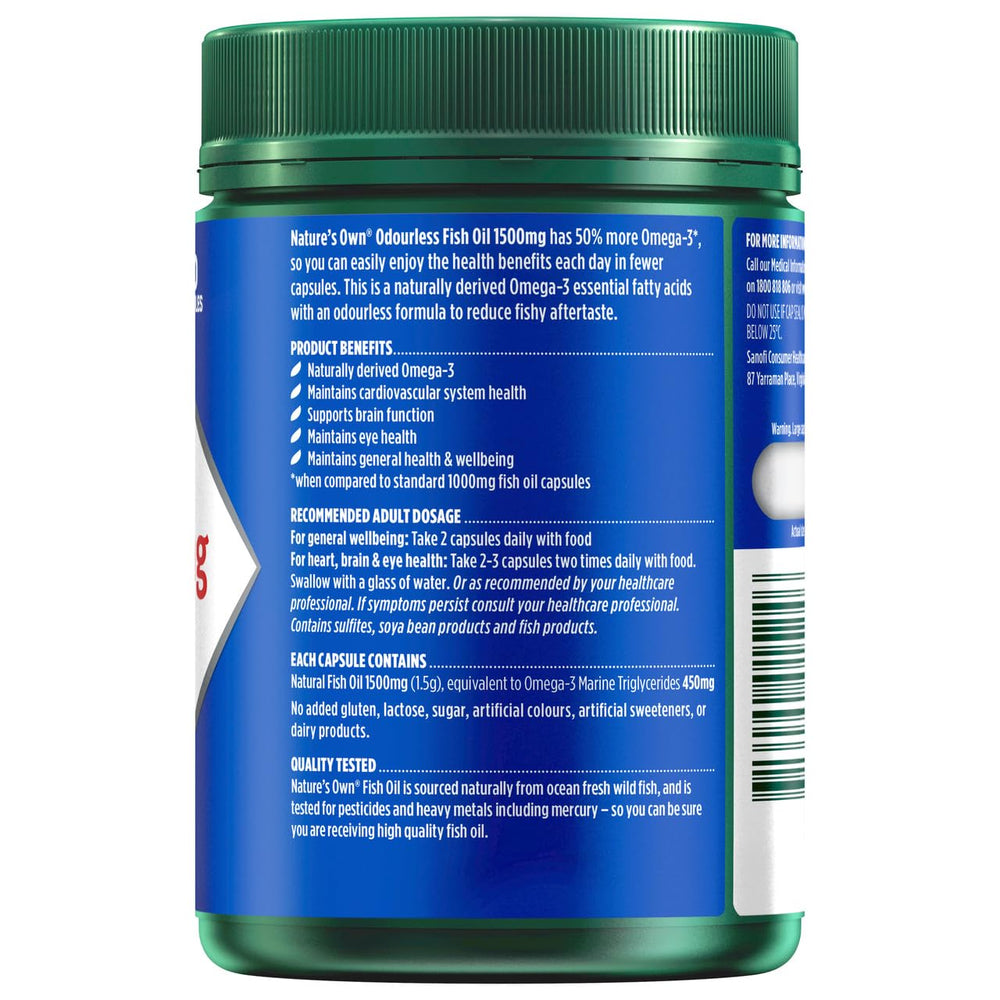 Nature's Own Omega3 1500mg softgel close-up highlighting easy swallowing.