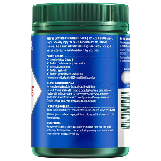 Nature's Own Omega3 1500mg softgel close-up highlighting easy swallowing.