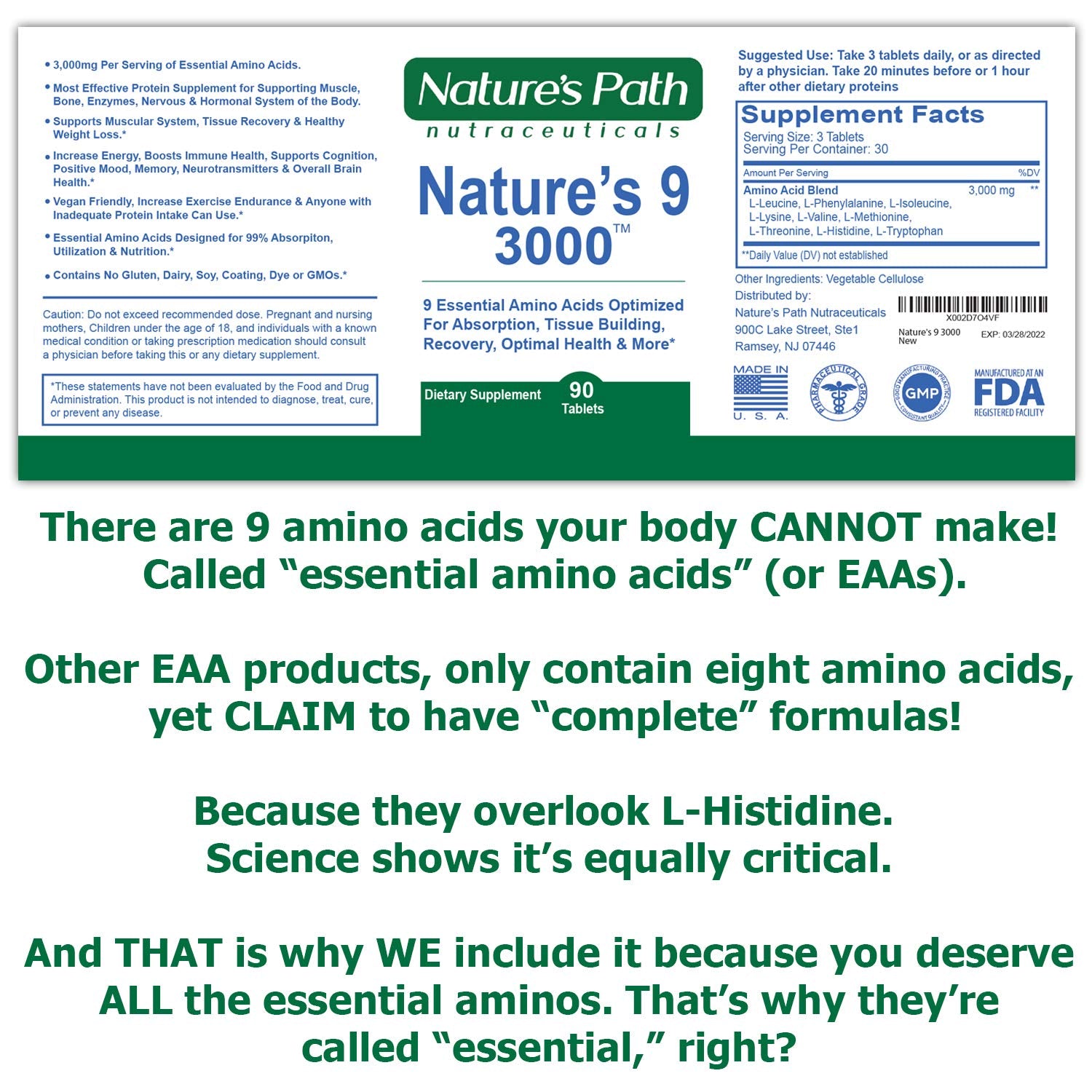 Nature's 9 3000 ingredient panel highlighting nine essential amino acids