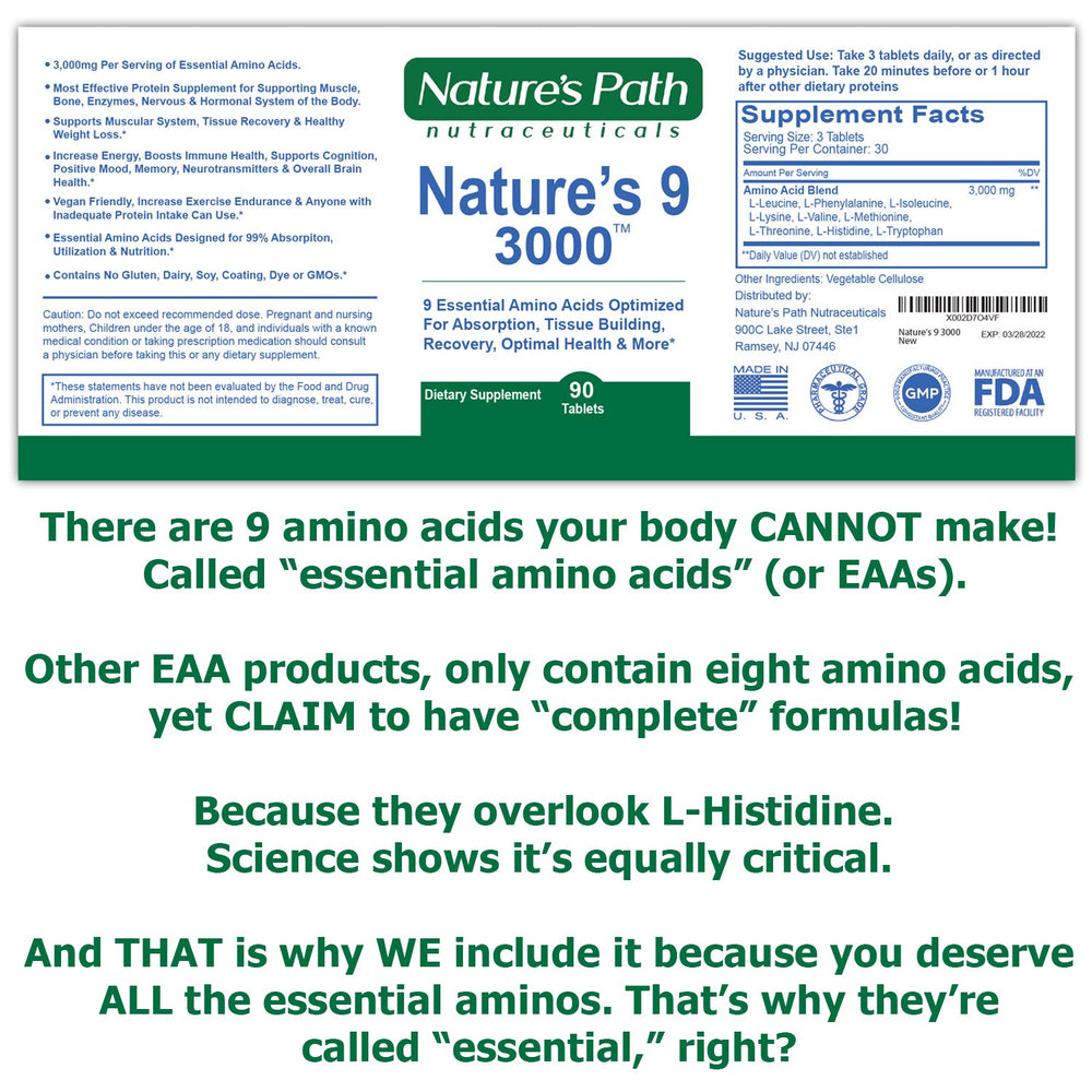 Nature's 9 3000 ingredient panel highlighting nine essential amino acids