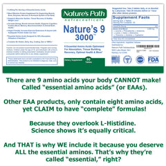 Nature's 9 3000 ingredient panel highlighting nine essential amino acids