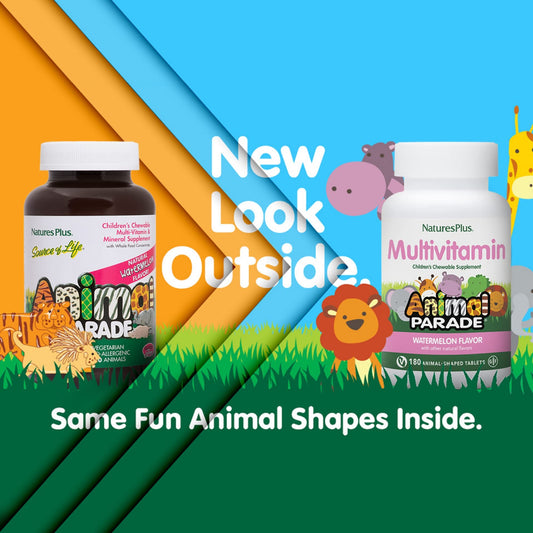 Nature's Plus Animal Parade animal-shaped tablets in bright colors.