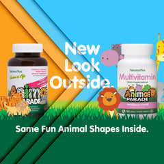 Nature's Plus Animal Parade animal-shaped tablets in bright colors.