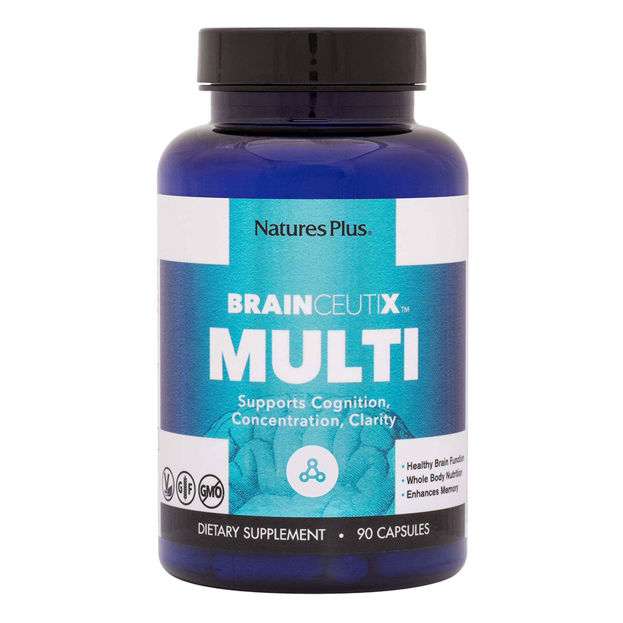 Nature's Plus BrainCeutix bottle front highlights cognitive support potential.