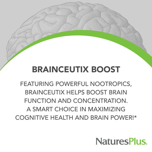 Nature's Plus BrainCeutix bottle closeup of label signals trusted nootropic ingredients for daily clarity.