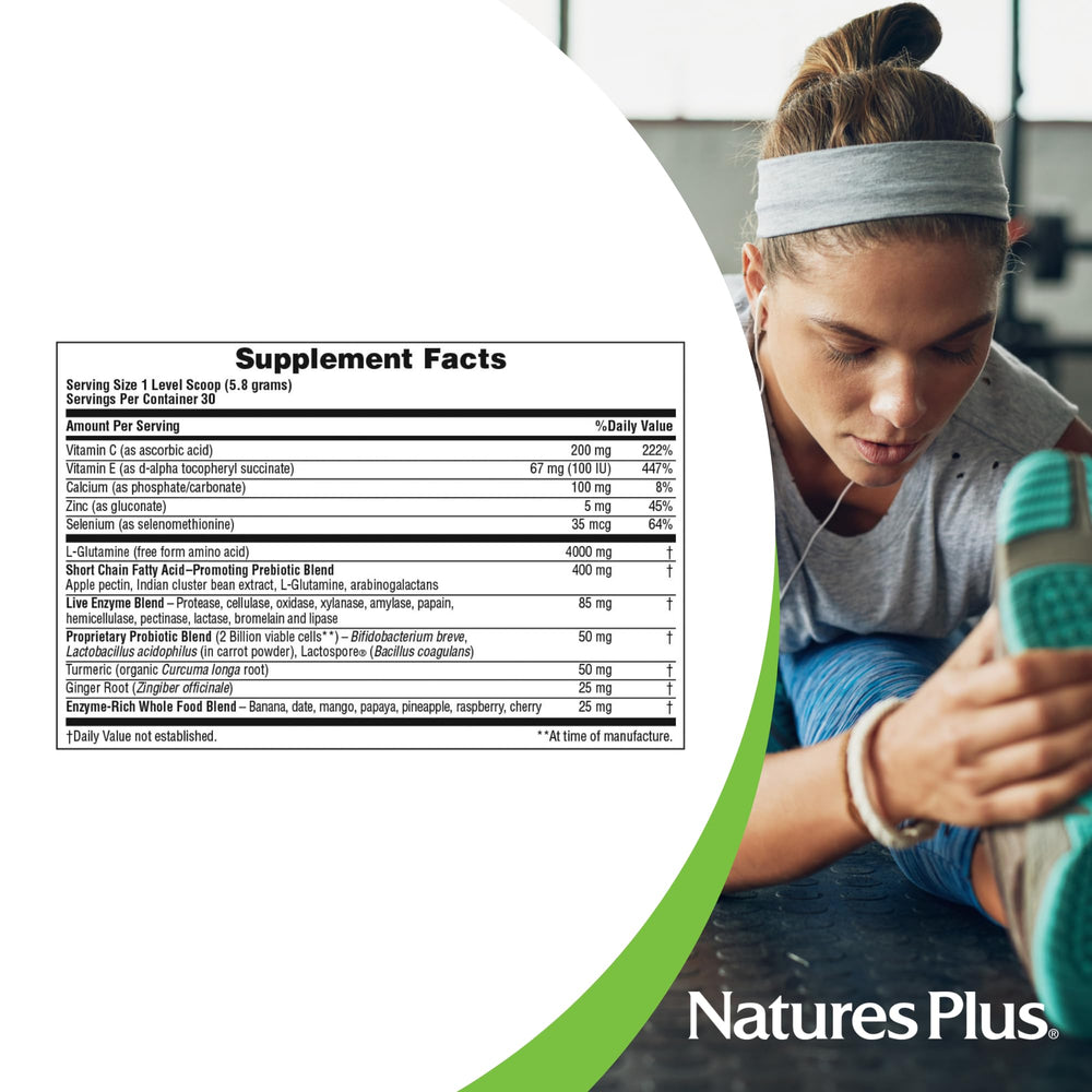 Ingredient icons highlight probiotics, prebiotics, enzymes, and botanicals supporting digestion