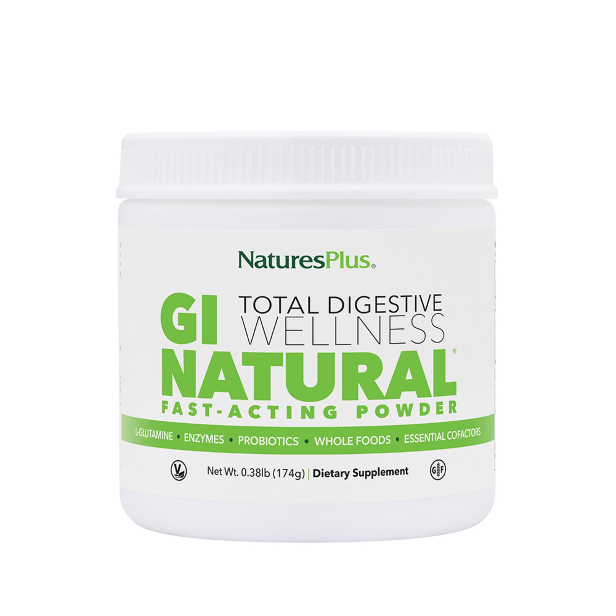 Nature's Plus GI Natural Wellness tub with powder, ready to mix for daily digestion