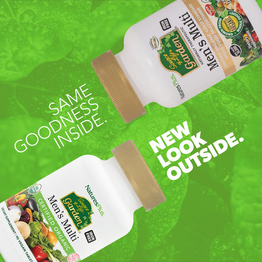 Nature's Plus Source of Life Garden Men’s Multivitamin bottle back lists organic ingredients.