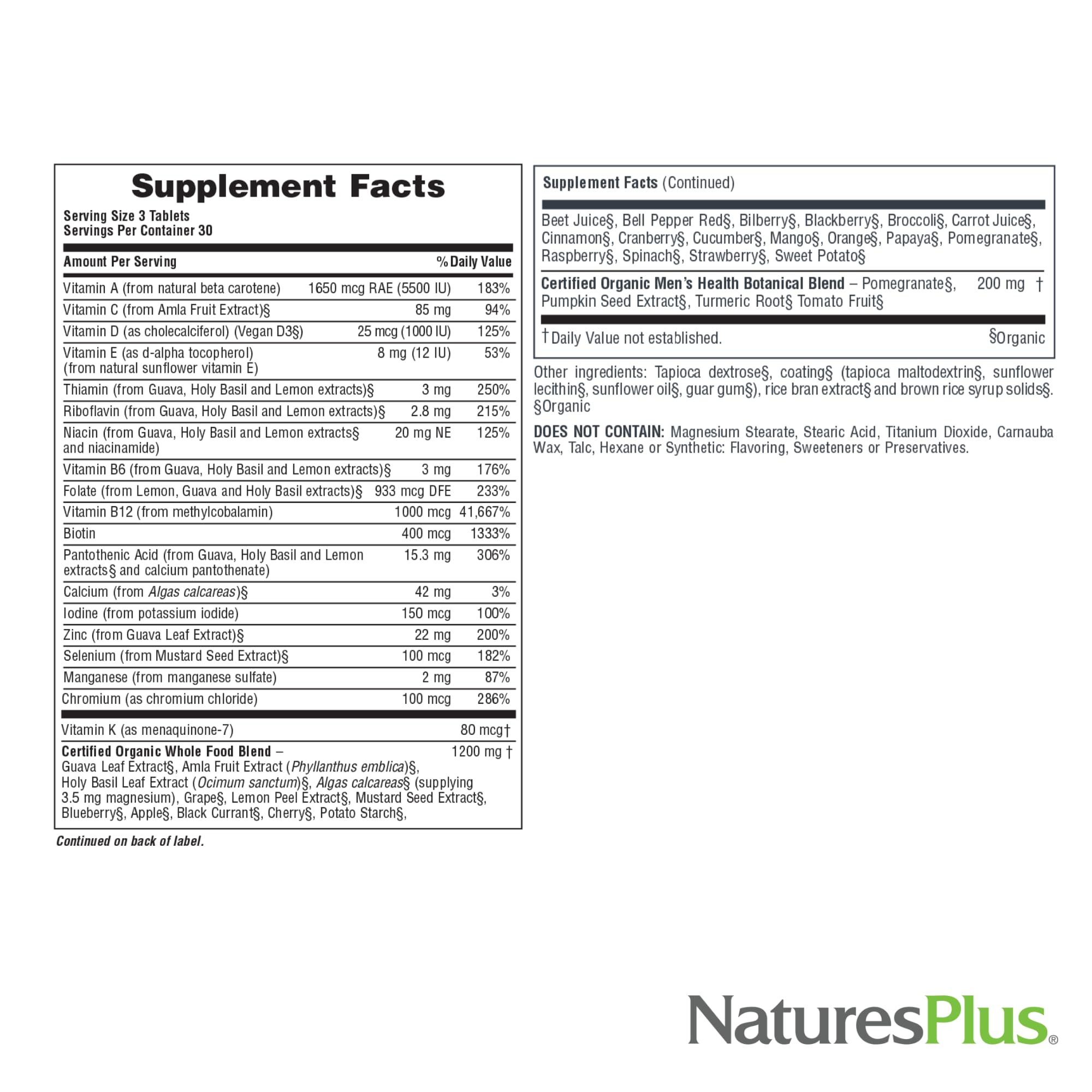 Nature's Plus Source of Life Garden Men’s Multivitamin label close-up with lycopene-rich tomato extract.