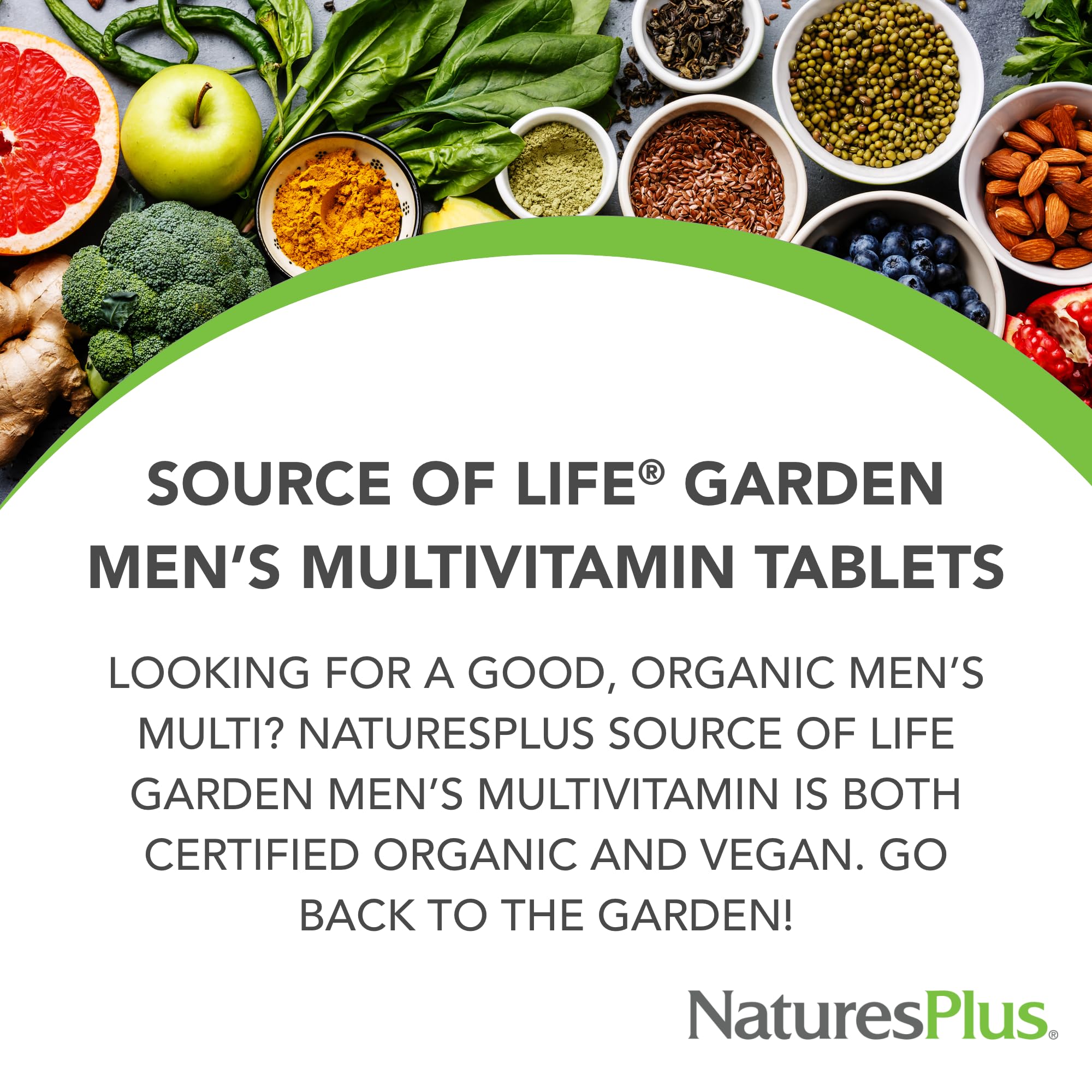 Nature's Plus Source of Life Garden Men’s Multivitamin packaging box shows USDA Organic certification.
