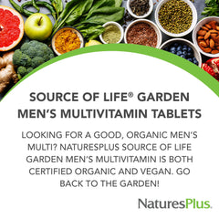 Nature's Plus Source of Life Garden Men’s Multivitamin packaging box shows USDA Organic certification.