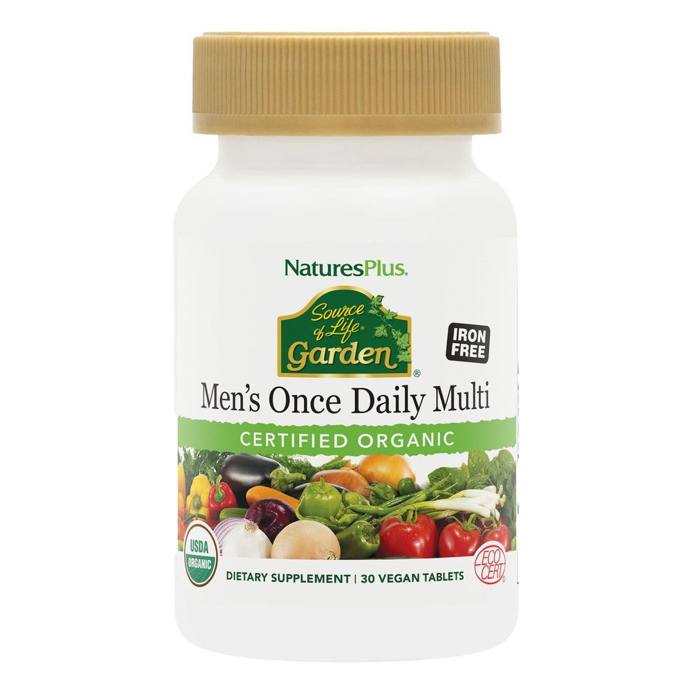 Nature's Plus Source of Life Garden Men's Once Daily bottle, front view, supporting daily energy.