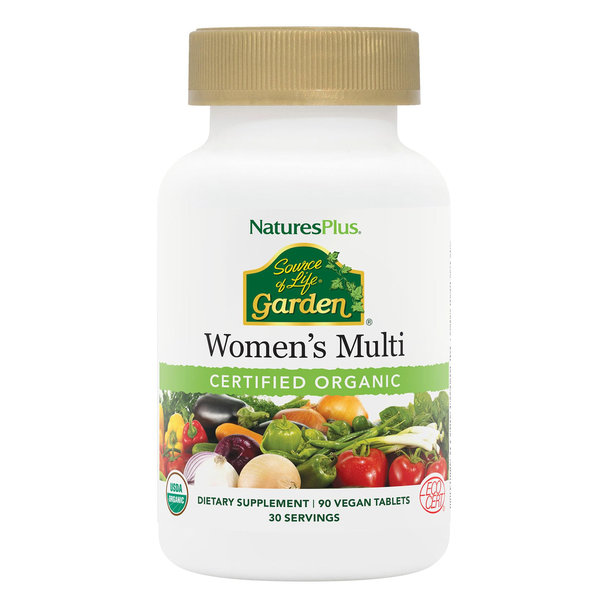 Nature's Plus Source of Life Garden Women’s Multivitamin bottle with label and plant-based imagery.