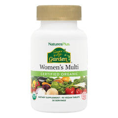 Nature's Plus Source of Life Garden Women’s Multivitamin bottle with label and plant-based imagery.