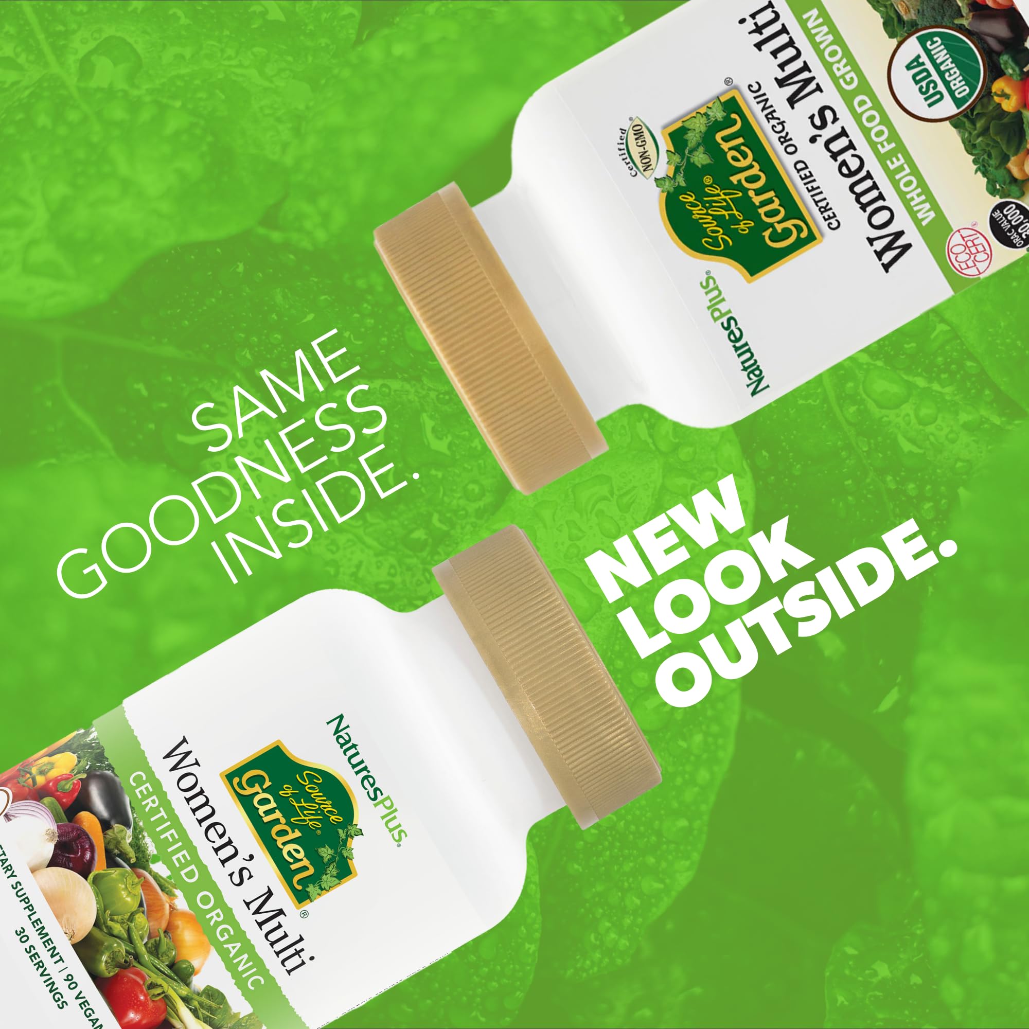 Nature's Plus Source of Life Garden label close-up highlighting organic ingredients.
