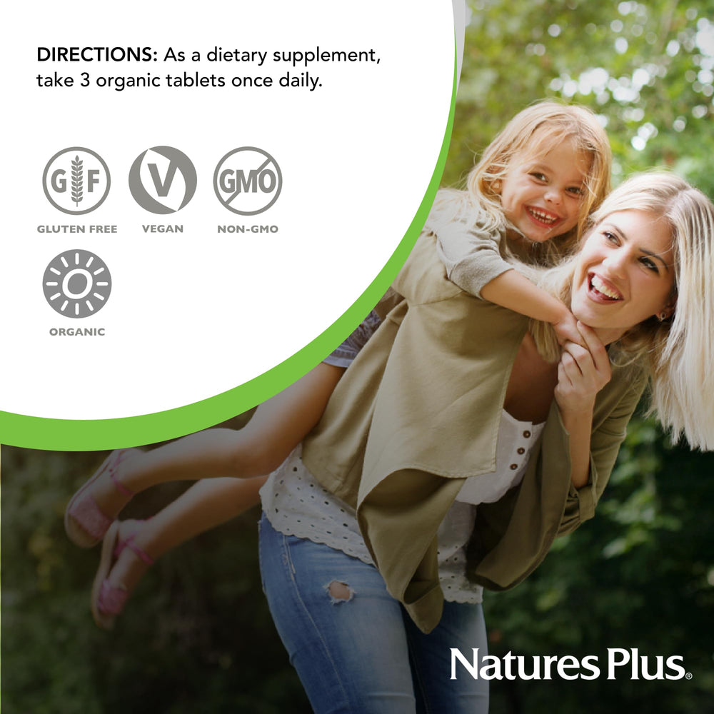 Open bottle showing tablets inside, emphasizing vegan, organic vitamins for daily vitality.